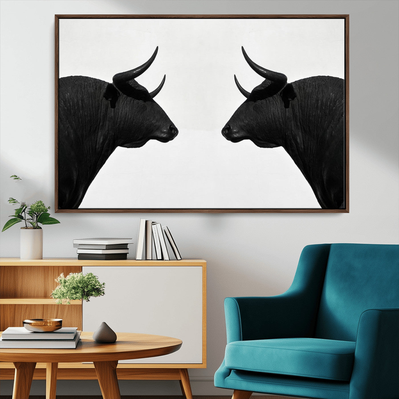 -Spanish Bull Art - Framed Black and White Bull Canvas Print for Modern Rustic Home or Office Decor