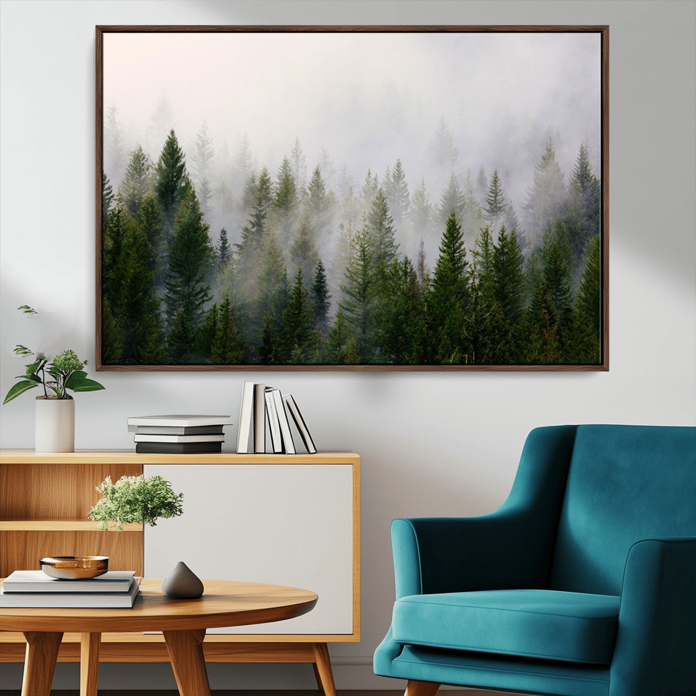 MGV-FC-36X24 - Misty Pine Forest Wall Art Canvas Print | 3 Panel Green Woodland Canvas Print for Living Room, Office, or Dining Room | Nature Foggy Forest Decor