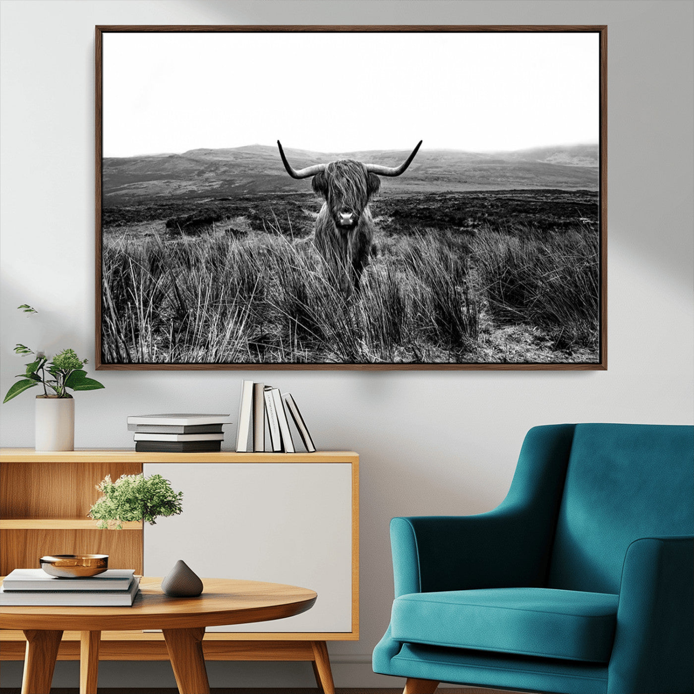 MGV-FC-36X24 - Black and White Highland Cow Canvas Wall Art, Longhorn Triptych Western Wall Decor for Cabin -