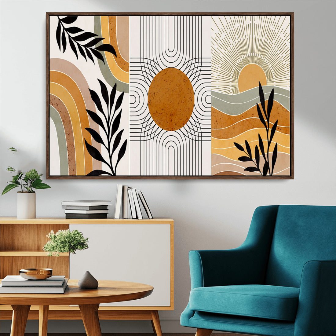 Modern Boho Sun and Leaf Abstract Art | 3 Panel Giclee Canvas for Mid Century Modern or Bohemian Decor