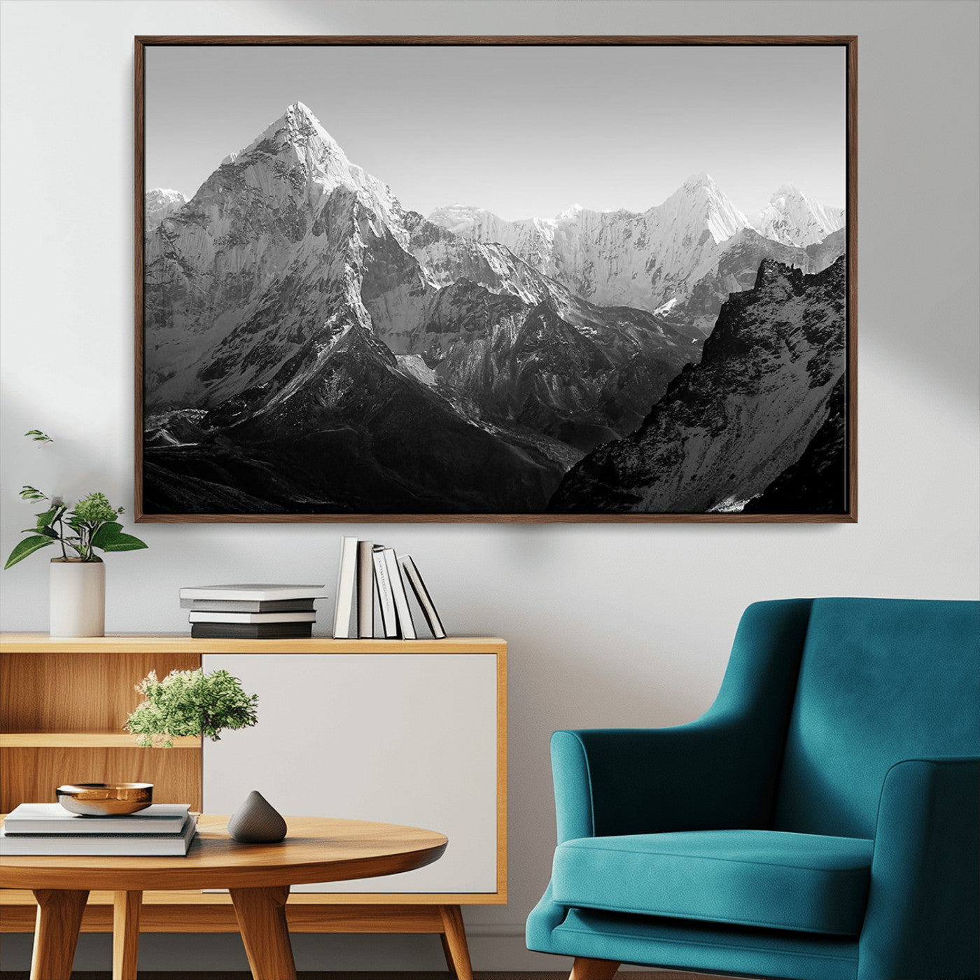 MGV-FC-36X24 - Everest Himalaya Mountain Peaks Black & White Triptych Canvas Art – Mountain Wall Decor for Minimalist Interiors