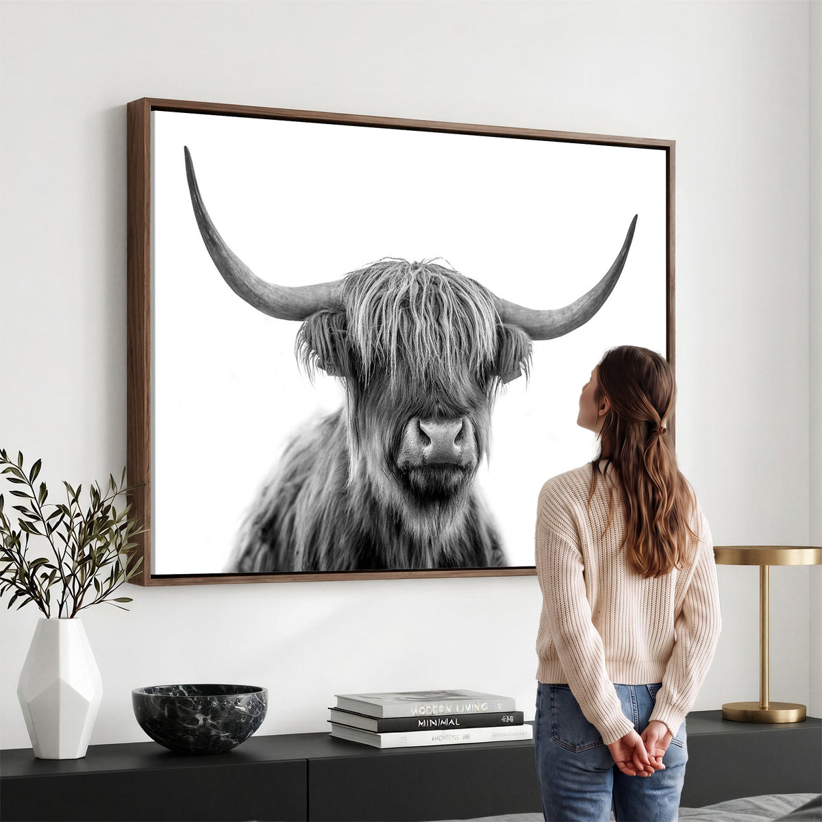 75503-_Poster-30x20 - Scottish Highland Cow Cattle Art Print Wall Art Canvas Print for Farmhouse Decor, Framed Scottish