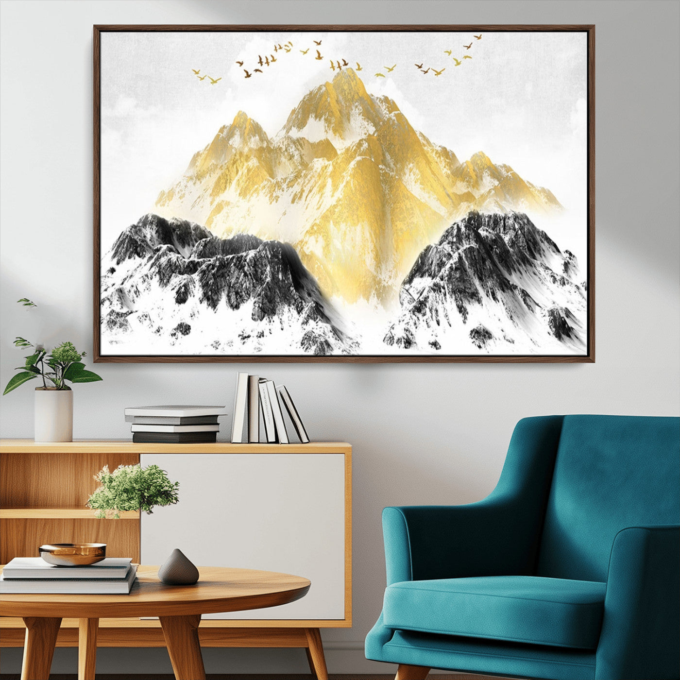 MGV-FC-36X24 - Golden Mountain Triptych Wall Art, Modern Giclee Canvas Print, Nature Landscape Decor for Living Room, Contemporary Gold and Black Wall Art