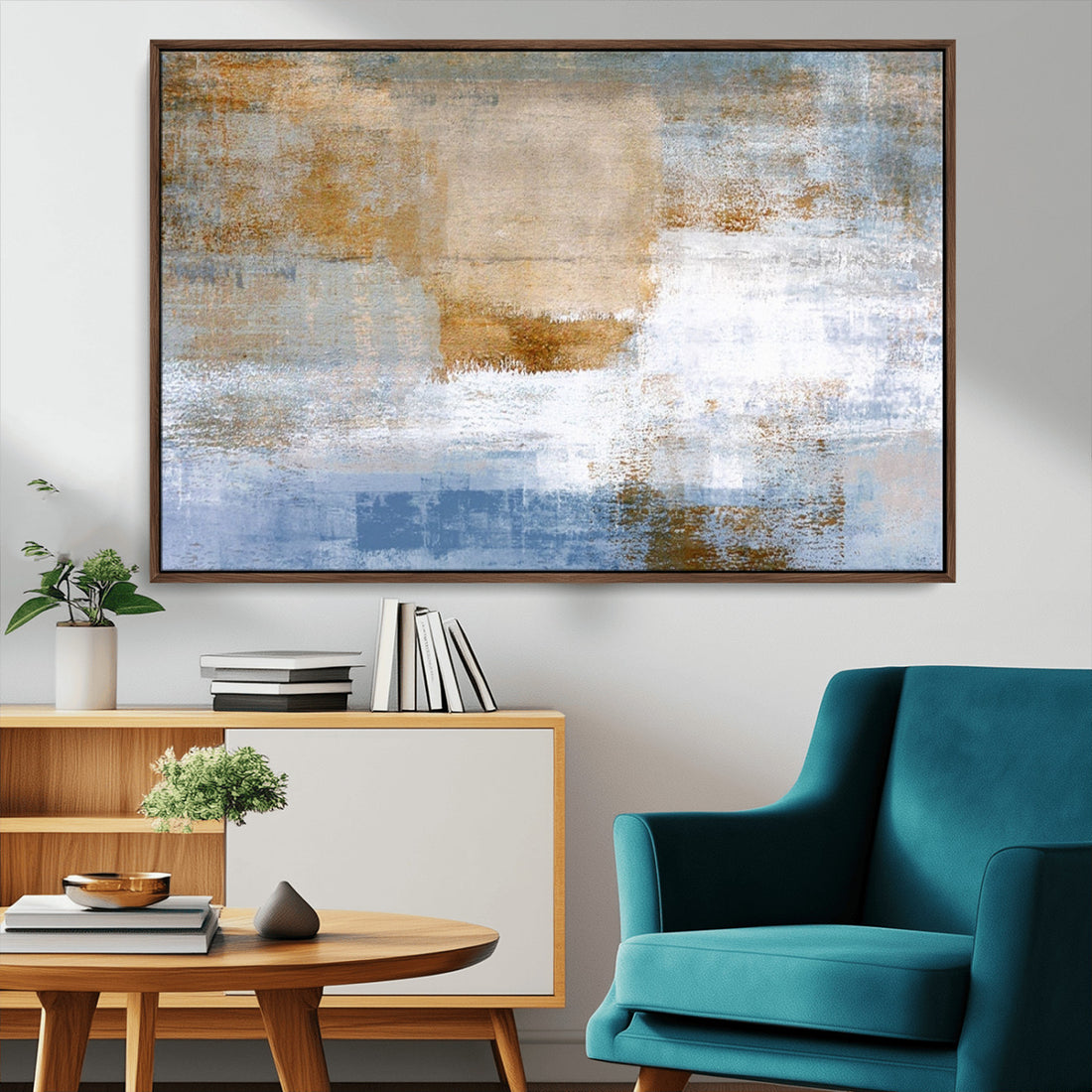 Blue Multi Panel Abstract Wall Art Canvas, Abstract Blue and Gold Canvas Print
