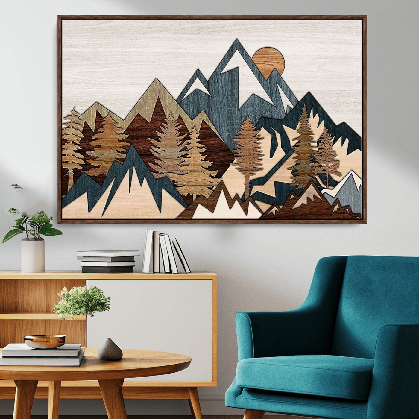 MGV-FC-36X24 - Woodland Mountain Landscape Triptych, Giclee Canvas Art for Modern Home, Rustic Wooden Nature Wall Art, Large Mountain and Tree Canvas for Living Room