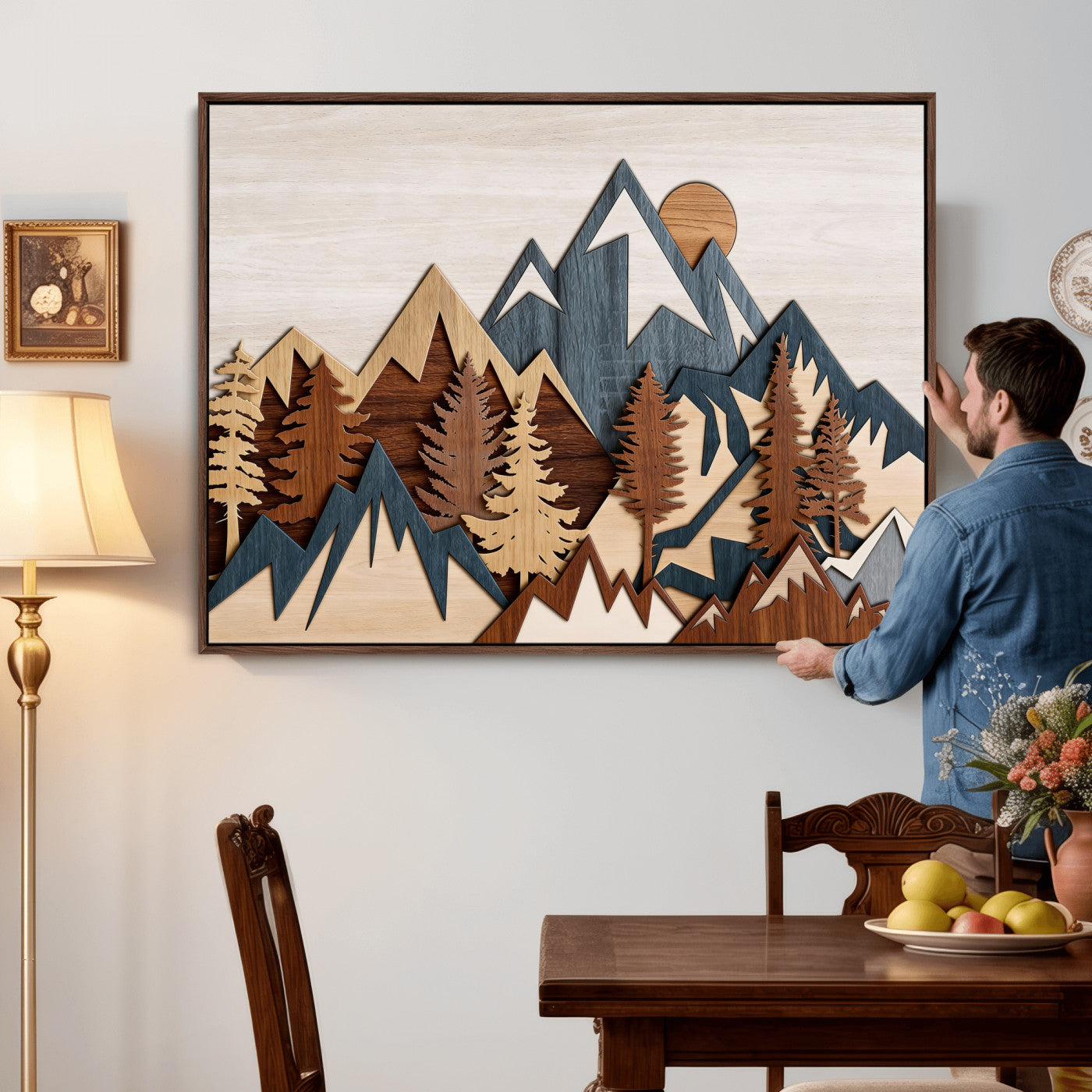 67950-MGV-CV-36X24 - Woodland Mountain Landscape Triptych, Giclee Canvas Art for Modern Home, Rustic Wooden Nature Wall