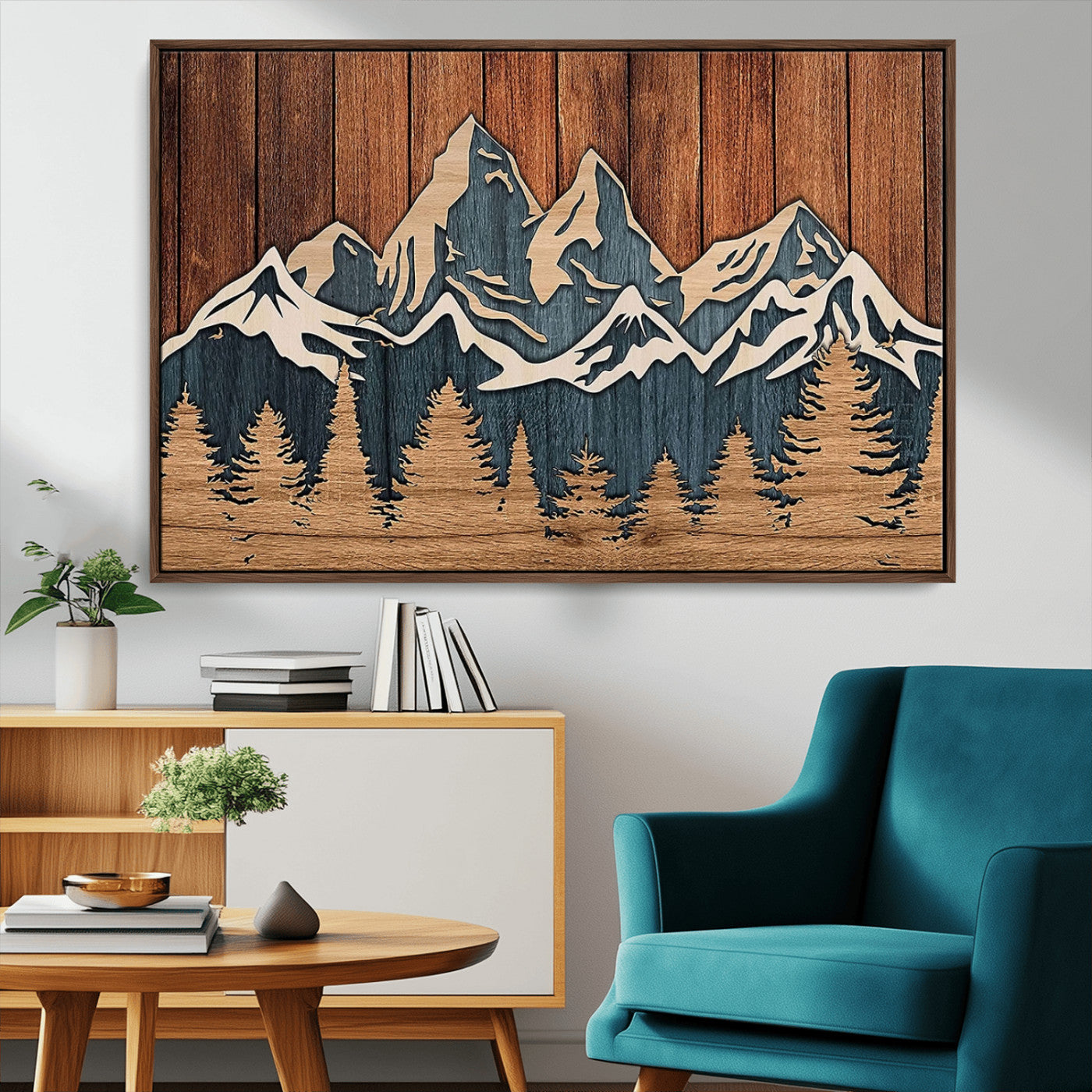 MGV-FC-36X24 - Rustic Wood Style Mountain Wall Art, Nature Forest Canvas Print, Wooden Textured Mountain Artwork, Handcrafted Landscape Decor for Farmhouse Decor