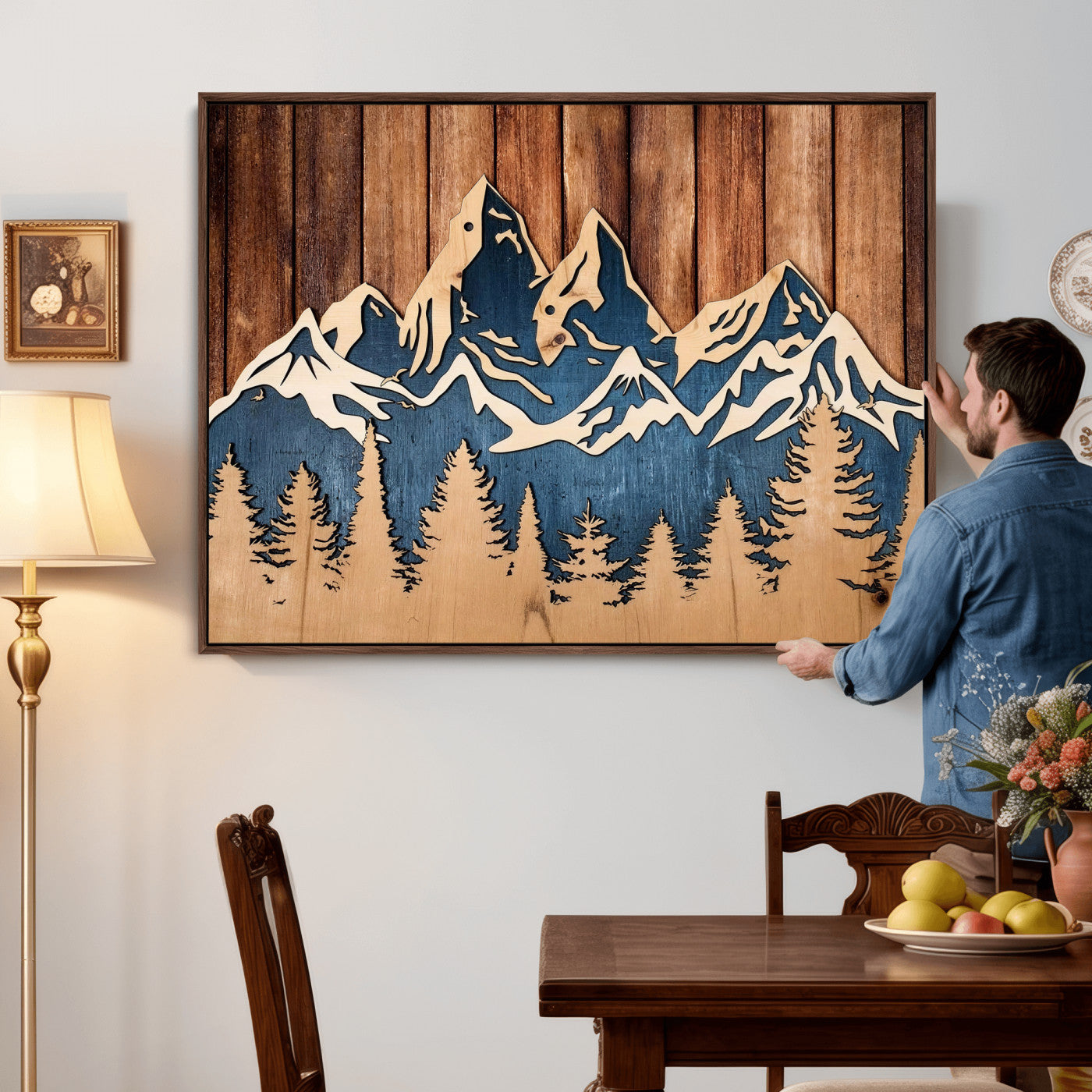 41330-MGV-CV-36X24 - Rustic Wood Style Mountain Wall Art, Nature Forest Canvas Print, Wooden Textured Mountain Artwork Print