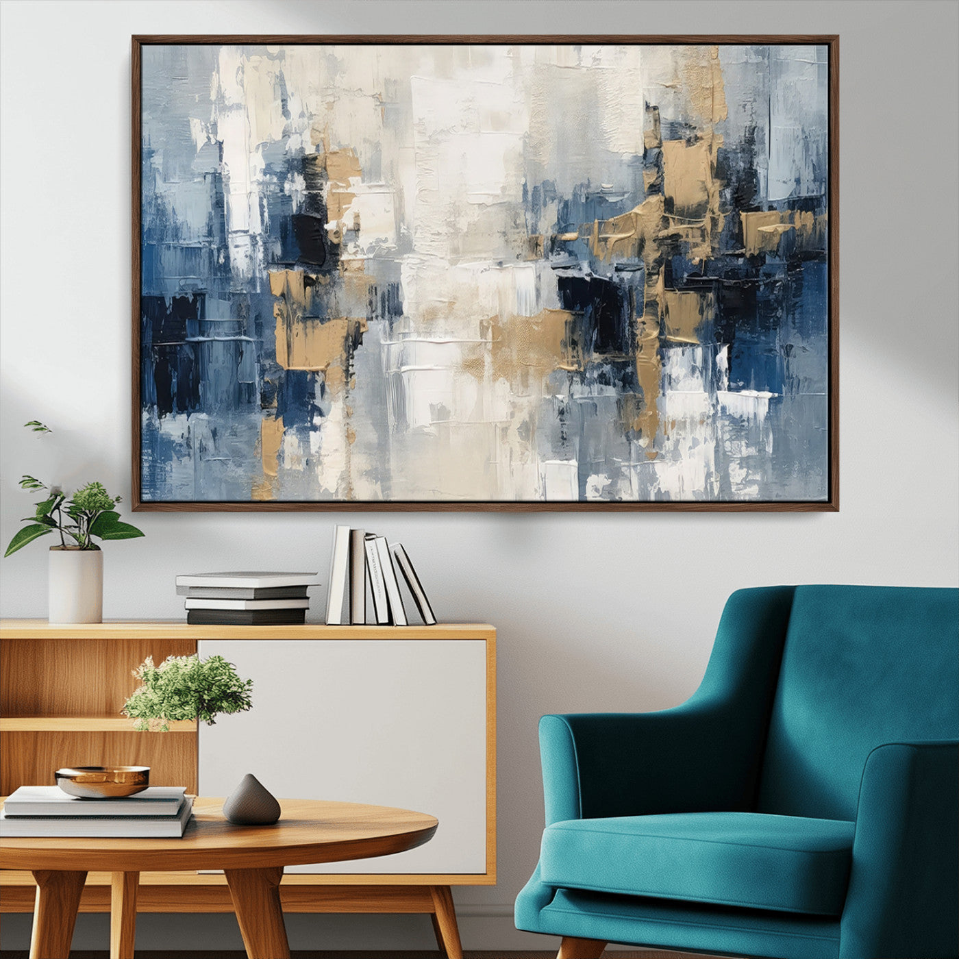 -Modern Abstract Canvas Wall Art in Blue and Gold Tones | Large Contemporary Art for Living Room,