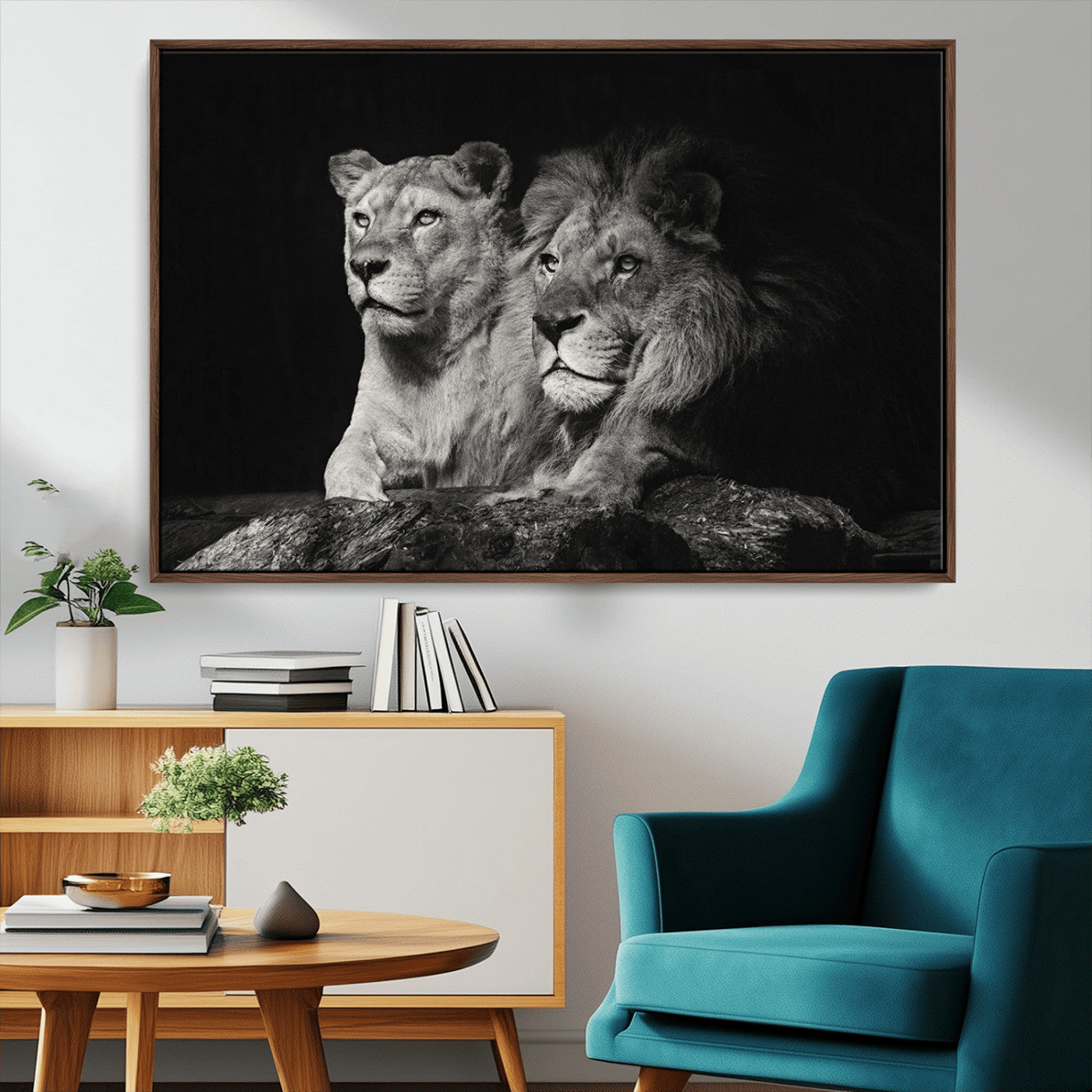 MGV-FC-36X24 - Lion Couple Canvas Wall Art Print – Elegant Wildlife Portrait in Black and White Lion Family – Ready to Hang
