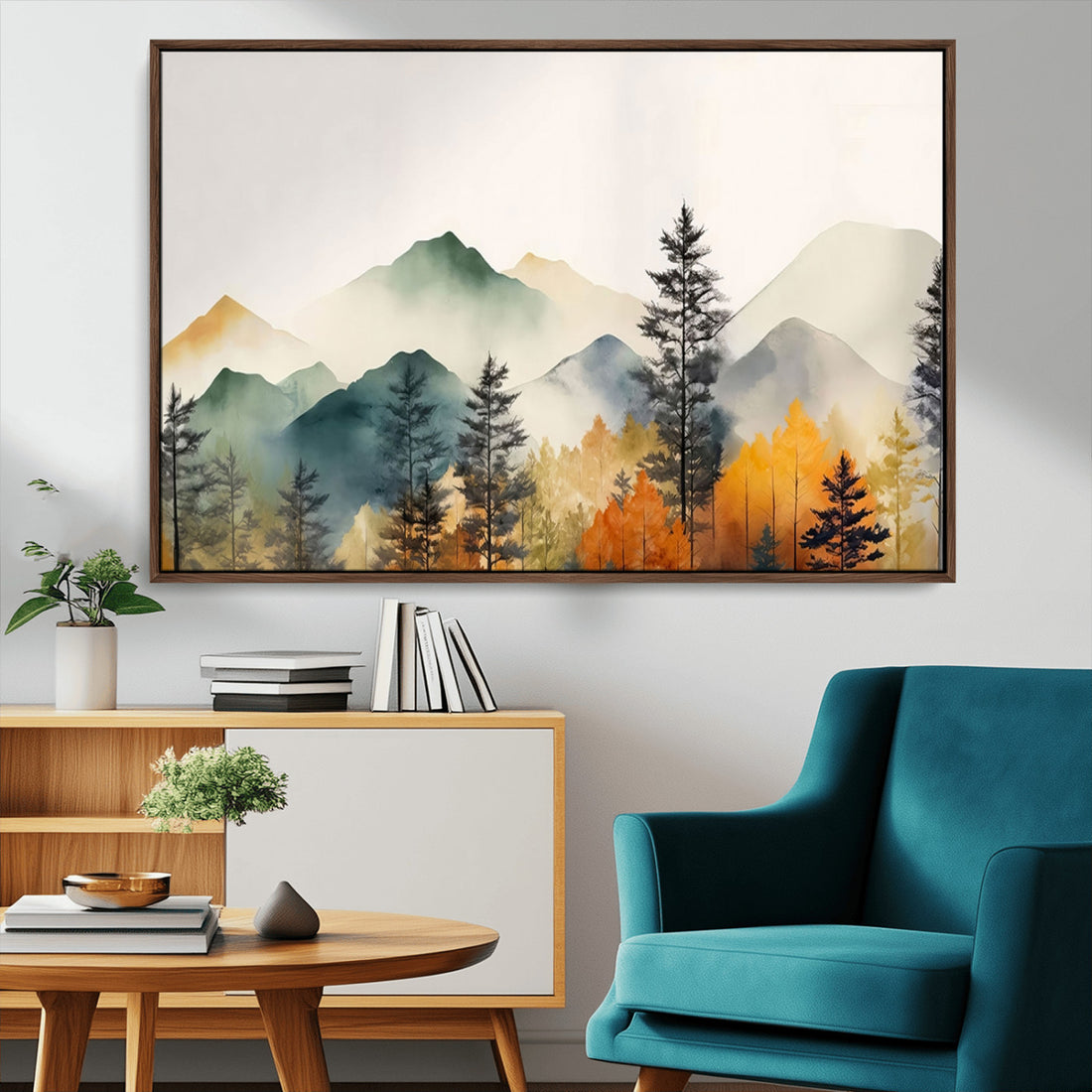 Abstract Watercolor Mountains and Trees Autumn Wall Art, Mountains and Trees Autumn Canvas Print
