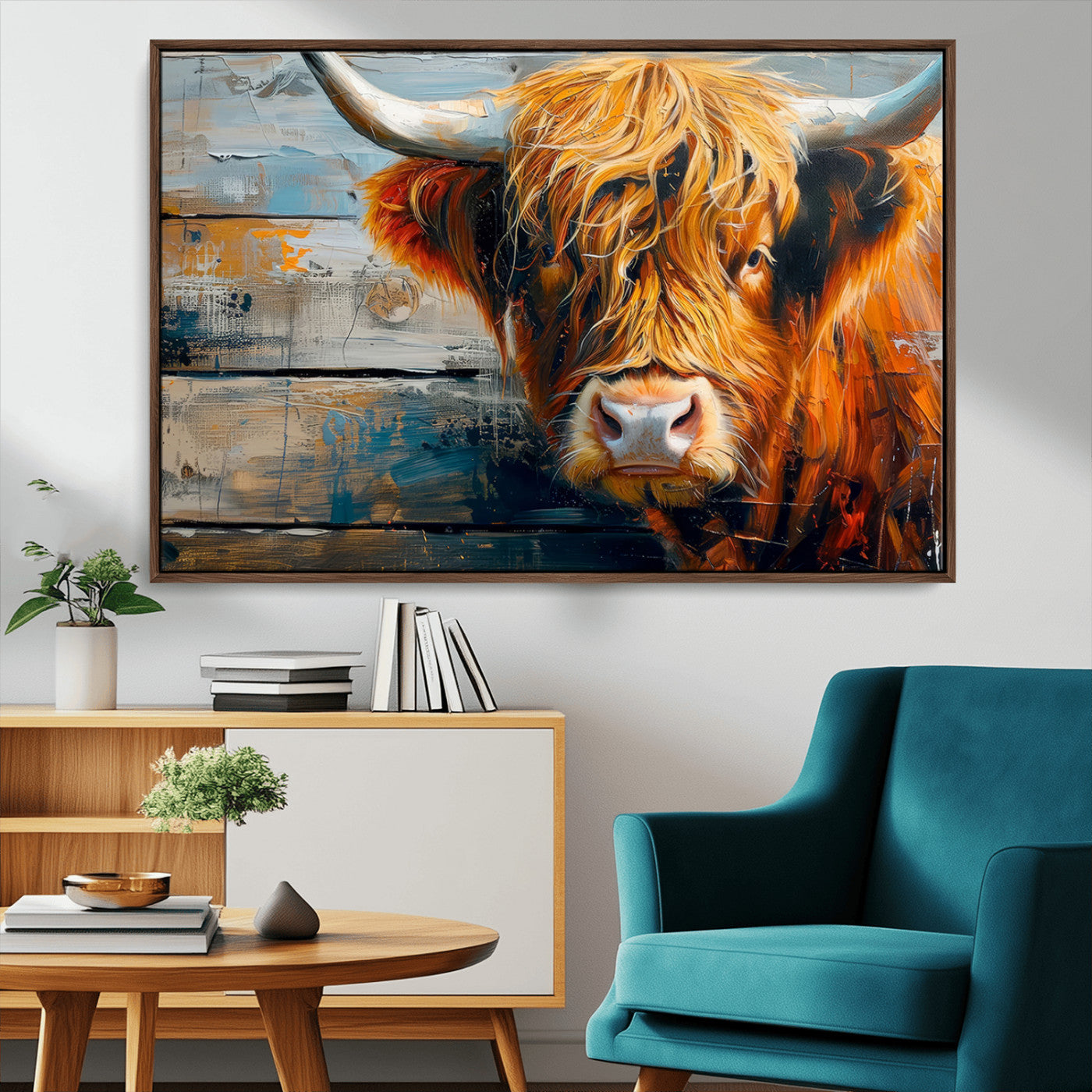 -Highland Cow Abstract Canvas Wall Art – Bold Farmhouse Rustic Decor – Ready to Hang