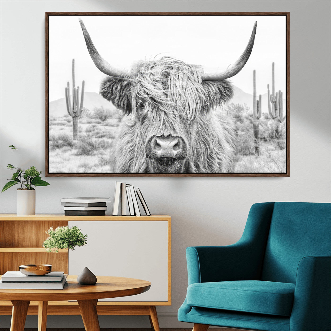 -Rustic Charm | Cow Longhorn Black White Bighorn Wall Art Canvas Print | Farmhouse Wall Art