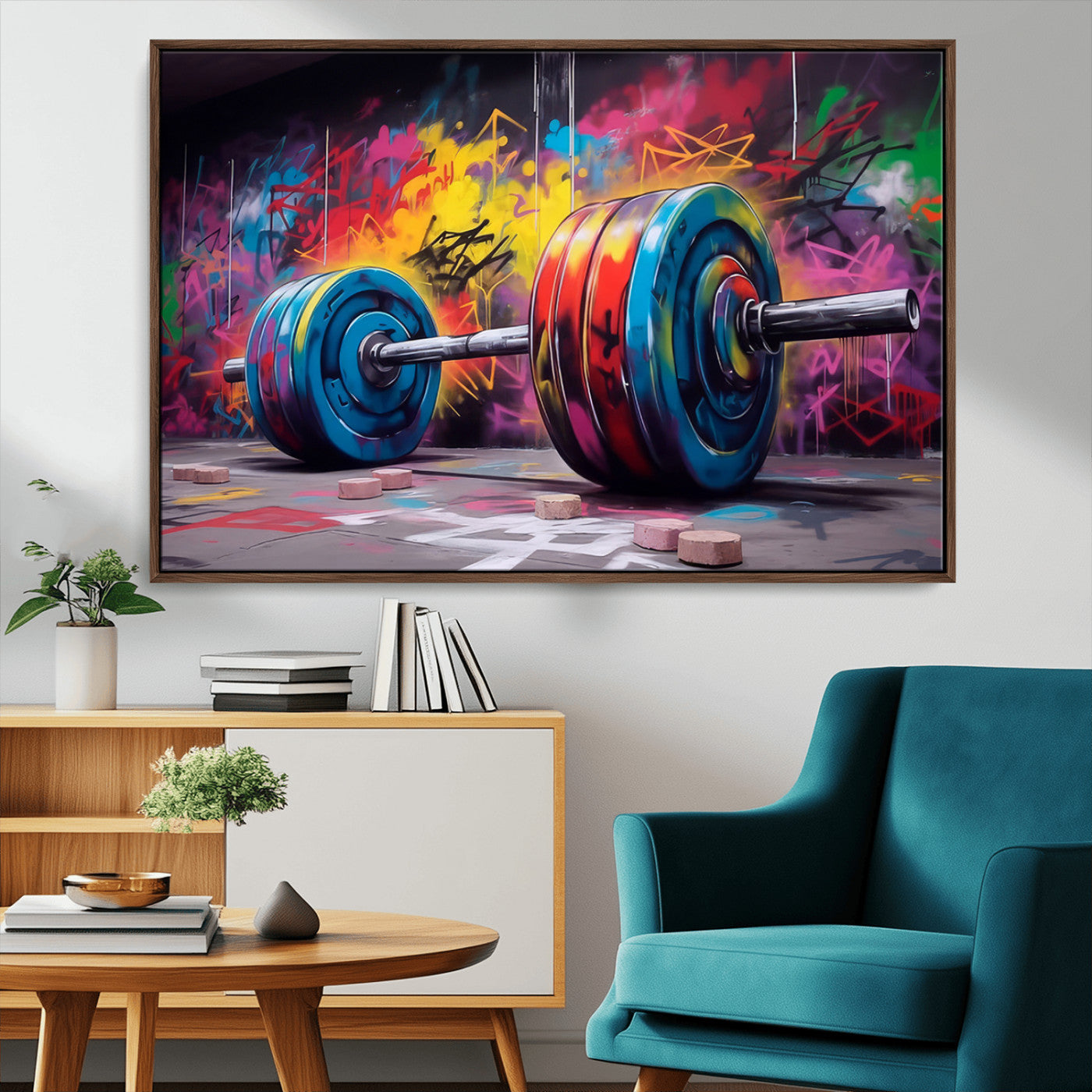 MGV-FC-36X24 - Abstract Graffiti Barbell Canvas Wall Art – Urban Fitness Meets Bold Street Art Print - Gym Wall Art Print