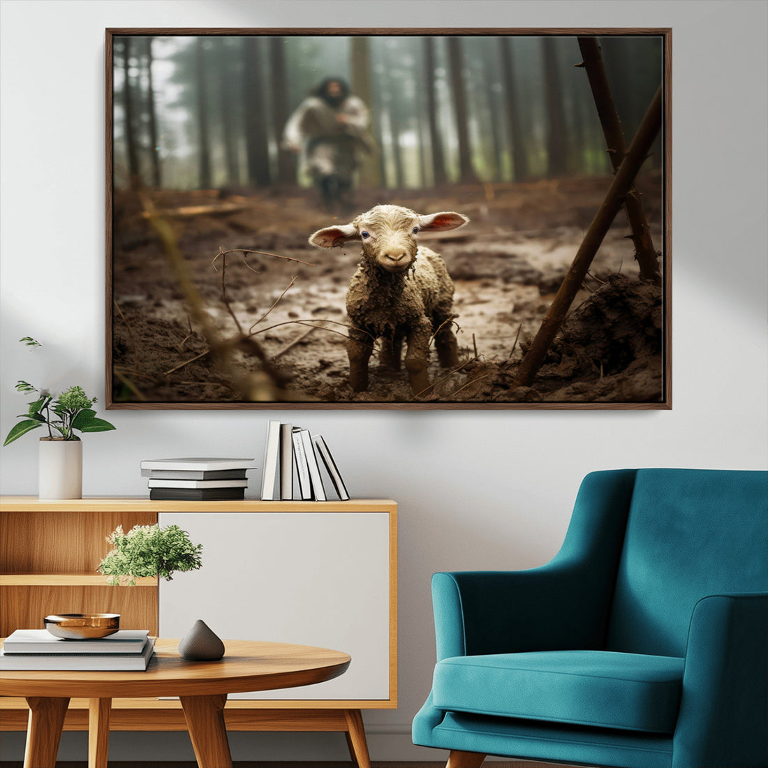 Jesus Lost Lamb Canvas Wall Art | Heartwarming Woodland Scene, Christian Wall Art