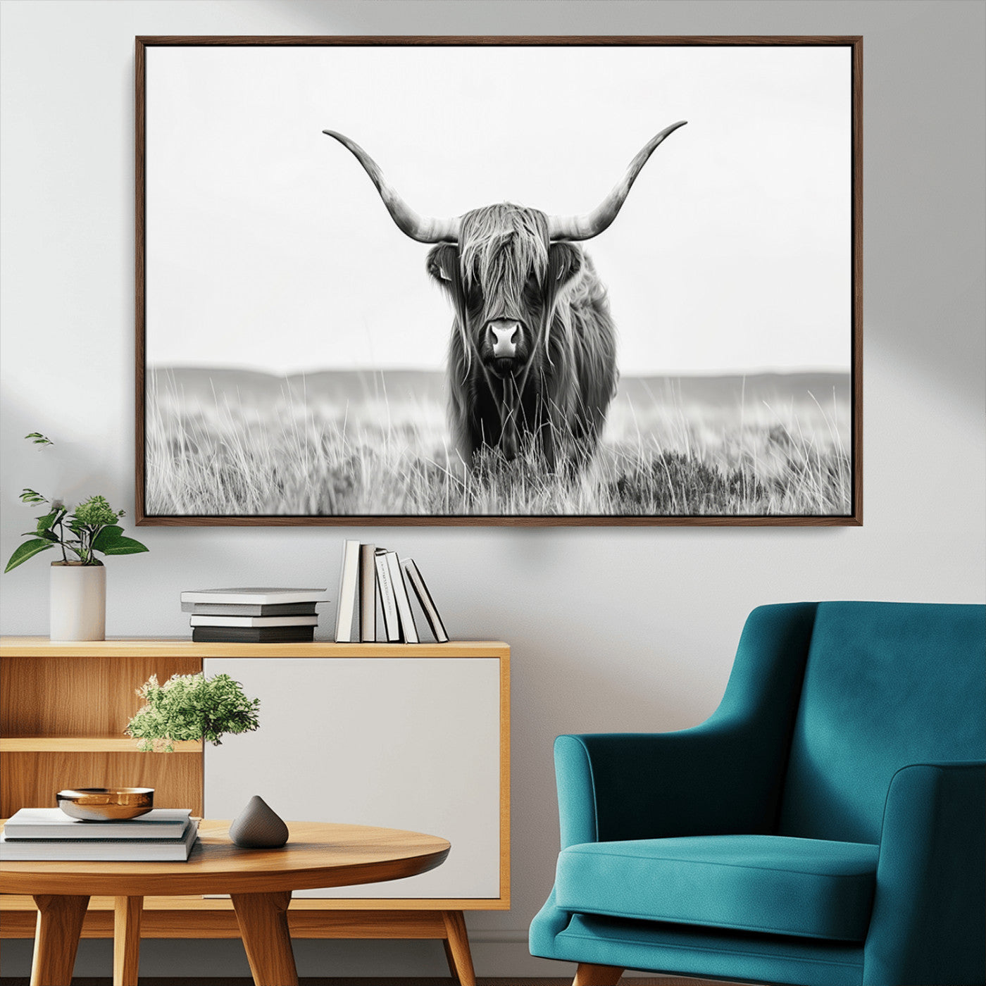 MGV-FC-36X24 - Highland Cow Canvas Wall Art – Majestic Beauty in Black and White