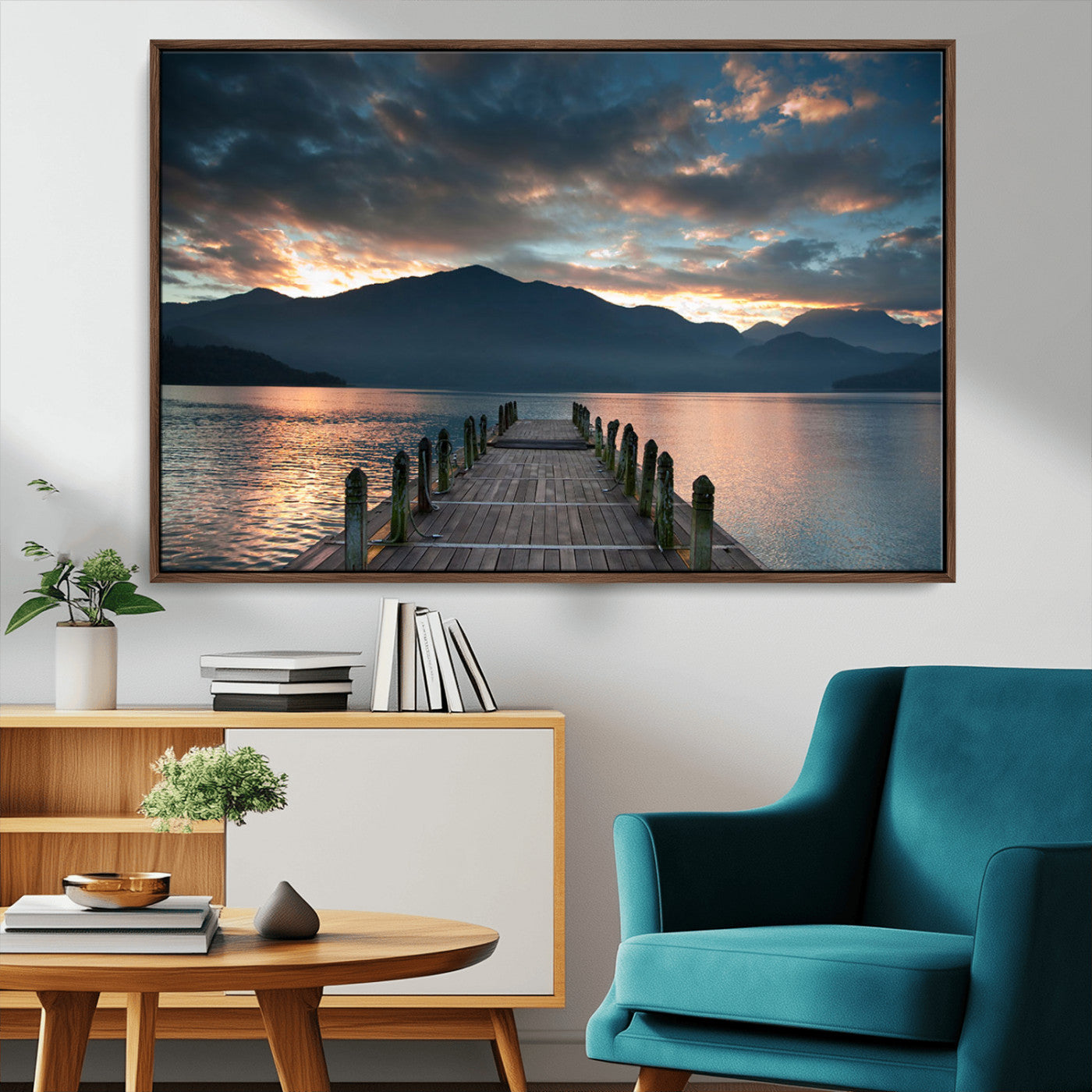 MGV-FC-36X24 - Mountain Lake Wood Pier Canvas Wall Art Nature Lake Print