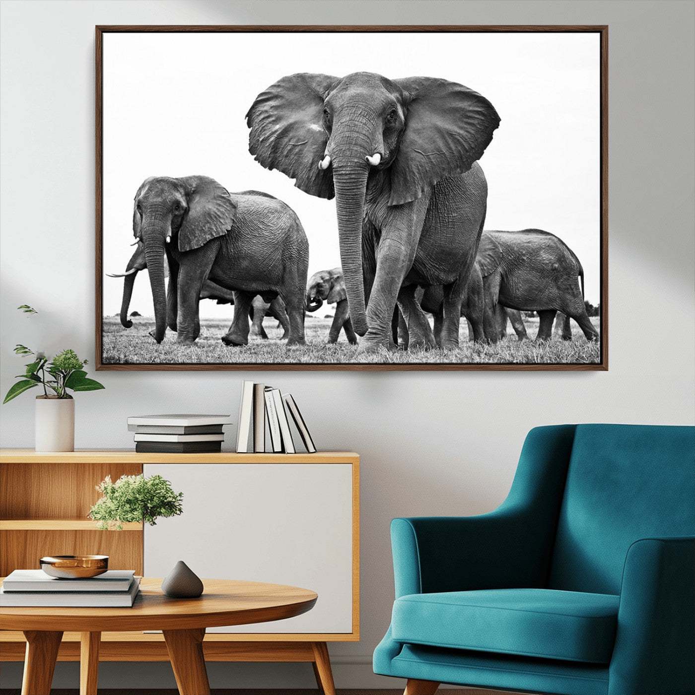 MGV-FC-36X24 - Black White Elephant Family Wall Art Canvas Print