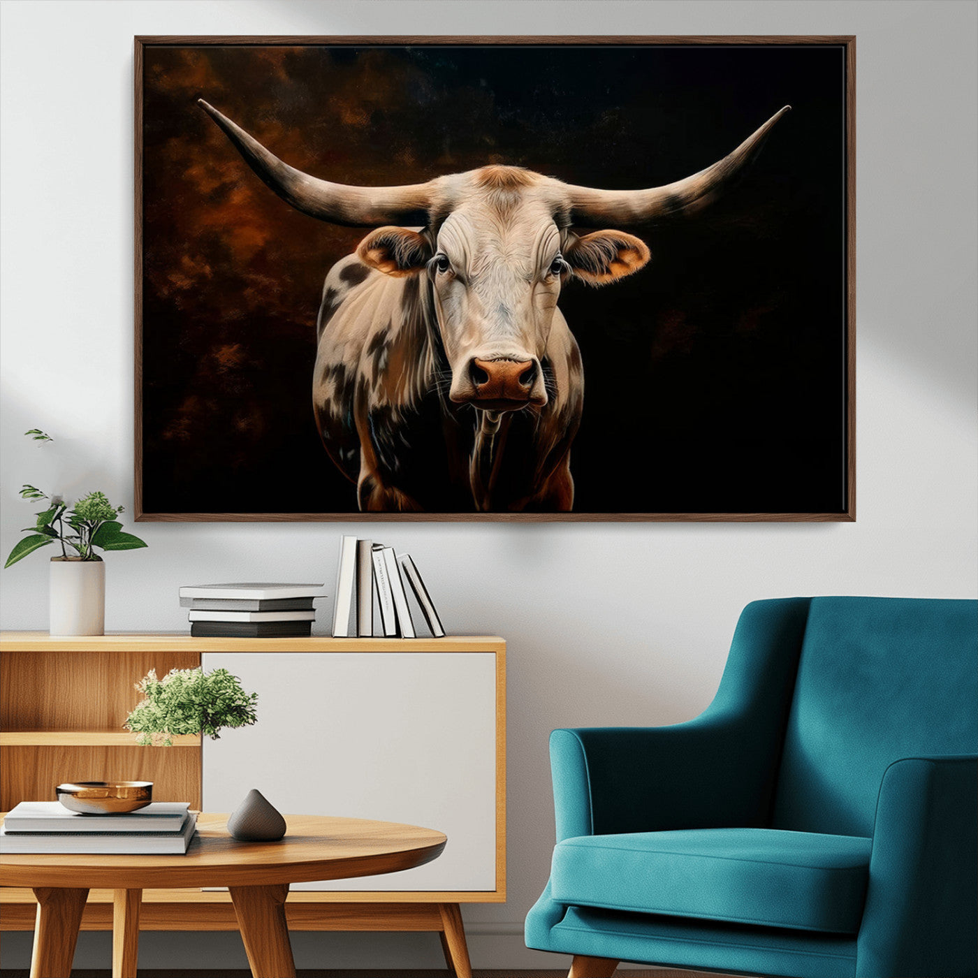 MGV-FC-36X24 - Texas Longhorn Wall Art | 3-Panel Large Texas Longhorn Canvas Print for Living Room, Office, or Farmhouse Decor | Framed Giclee Longhorn Wall Art