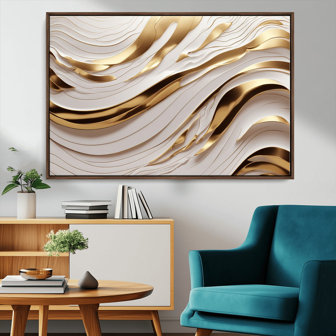 Gold and White Abstract Wave Canvas | Elegant Flowing Design with Golden Accents