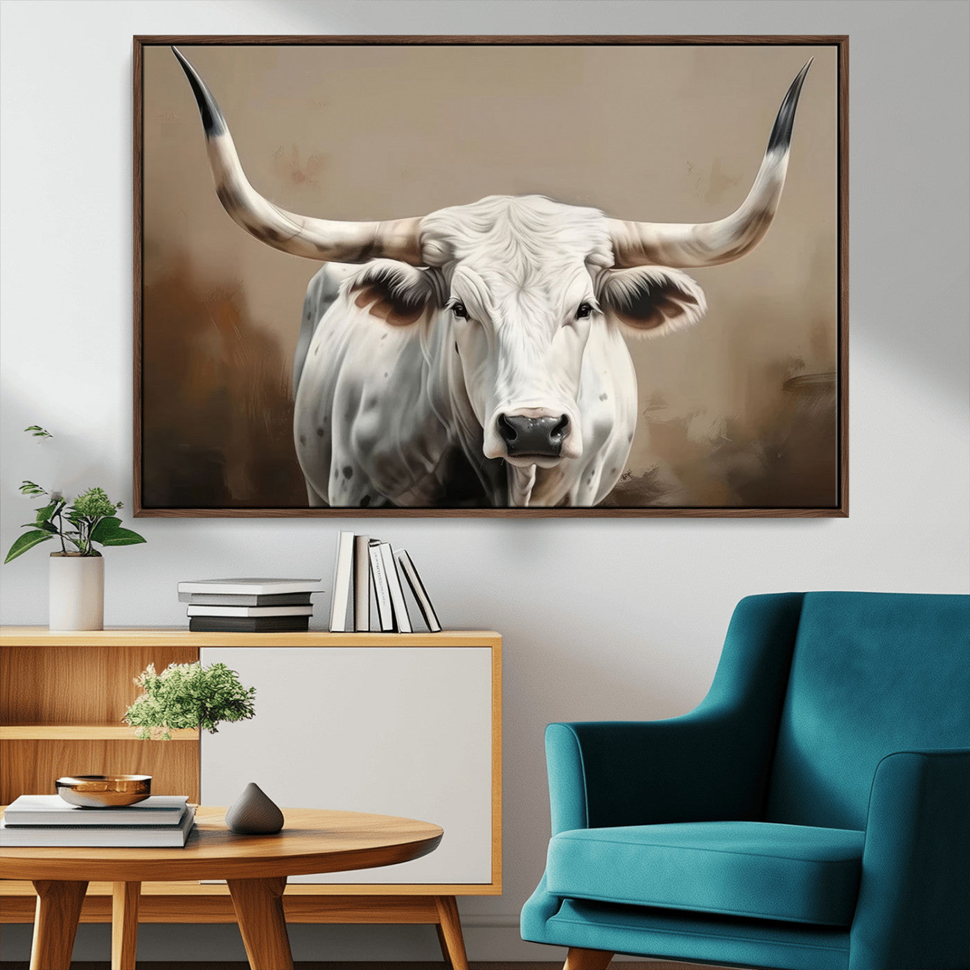 -White Longhorn Bull Wall Art Canvas Print – Framed and Ready to Hang – Perfect for Farmhouse and