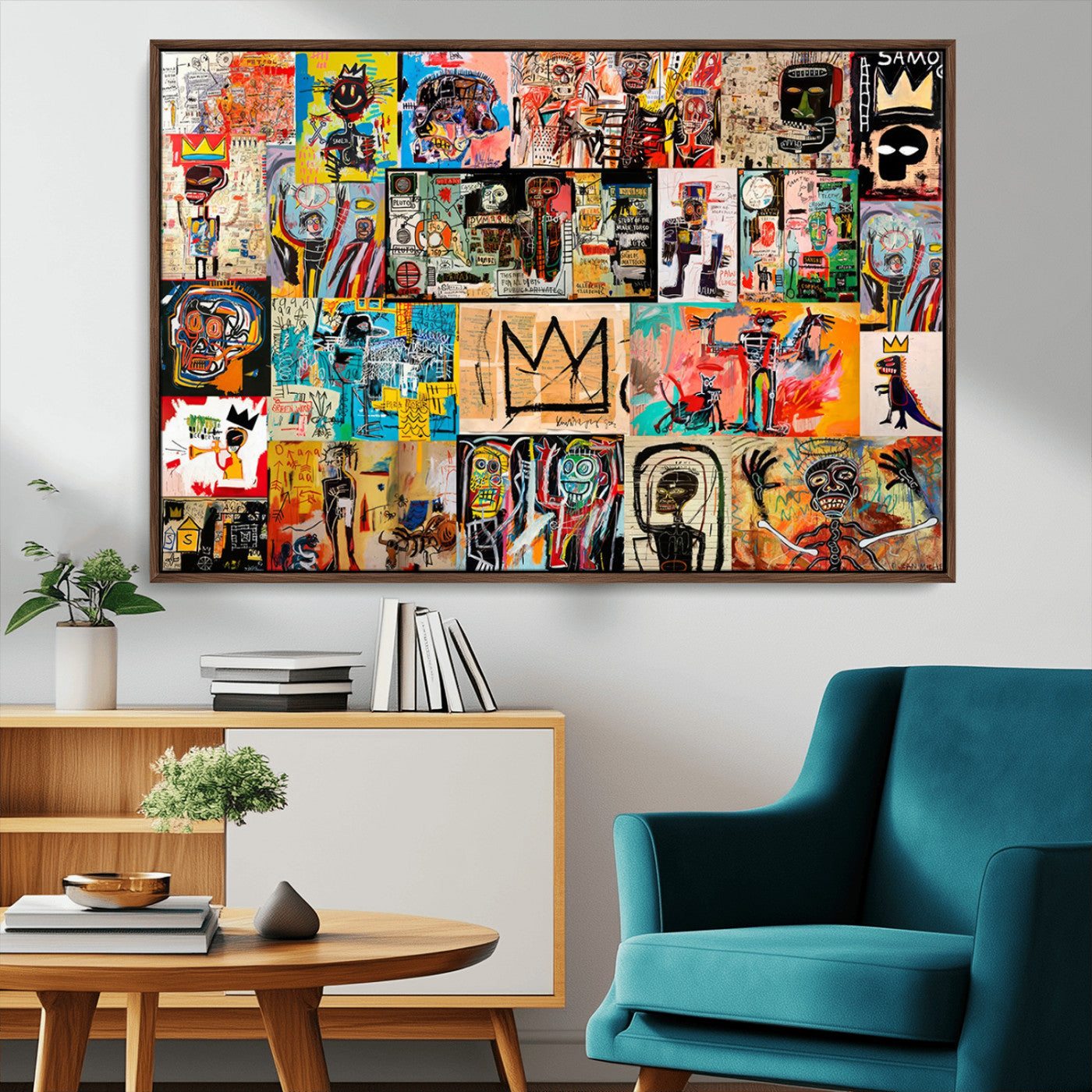 MGV-FC-36X24 - Basquiat Art Collage Wall Art Canvas Print – Framed, Ready to Hang, Urban Graffiti Style