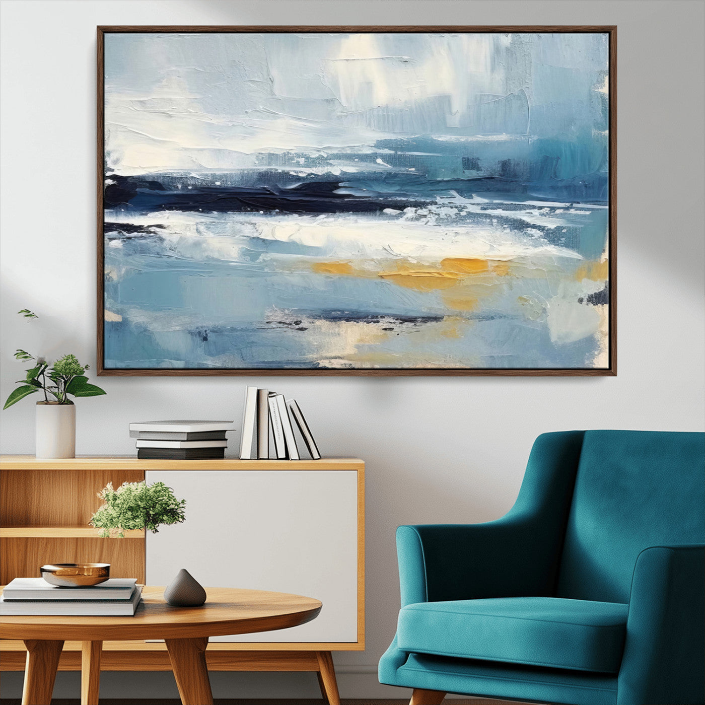 MGV-FC-36X24 - Abstract Ocean Canvas Wall Art - Coastal Blue and Gold Textured Painting, Modern Seascape Decor for Living Room Decor
