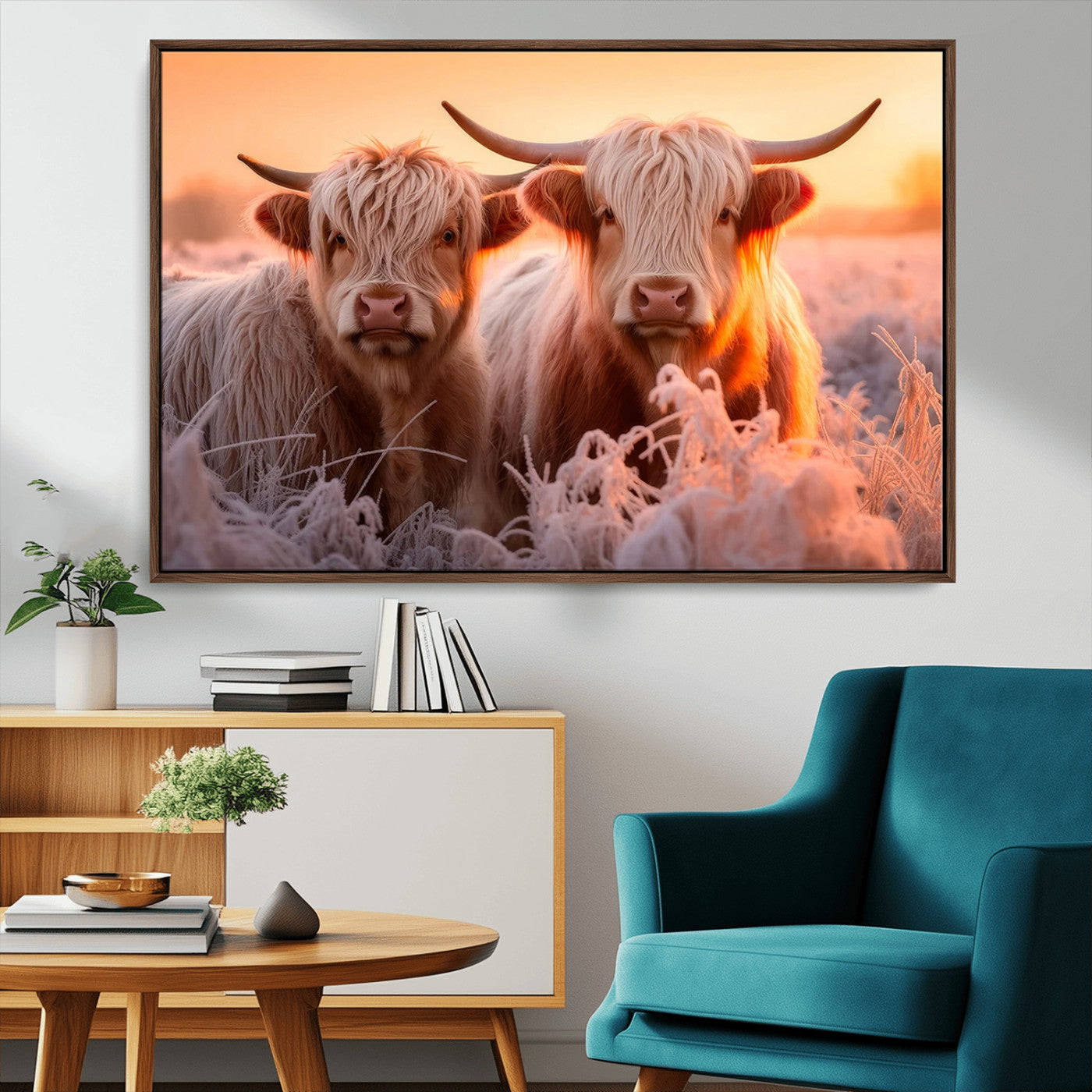 -Highland Cows at Sunrise Wall Art Canvas Set – Serene and Rustic Farmhouse Decor