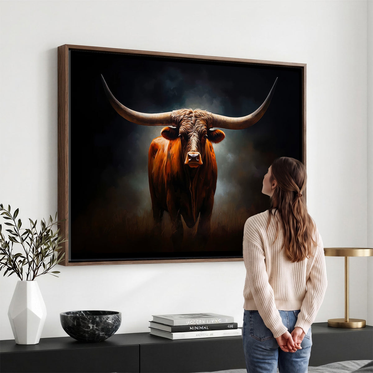 48896-MGV-CV-24X16 - Abstract Texas Longhorn Wall Art Print | 3-Panel Large Texas Longhorn Canvas
