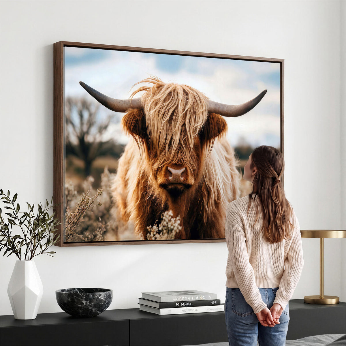 55903-_Poster-30x20 - Scottish Cow Longhorn Wall Art Canvas Print