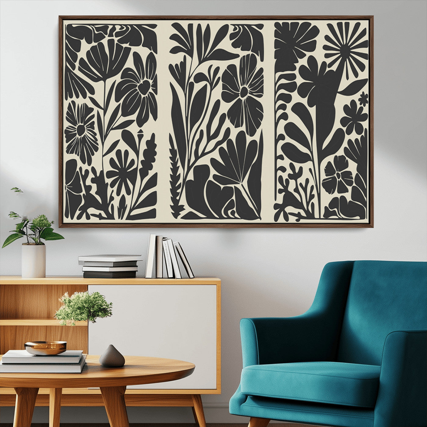 MGV-FC-36X24 - Modern Botanical Wall Art - Floral Black and White Canvas Print, Framed, Ready to Hang