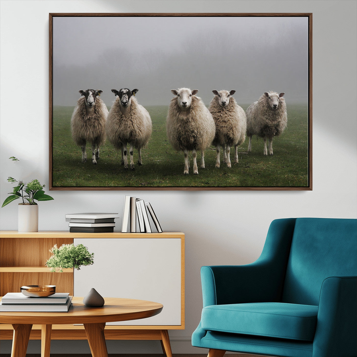-Flock of Sheep in a Mystical Fog – Pastoral Wall Art Canvas Print, Framed, Ready to Hang