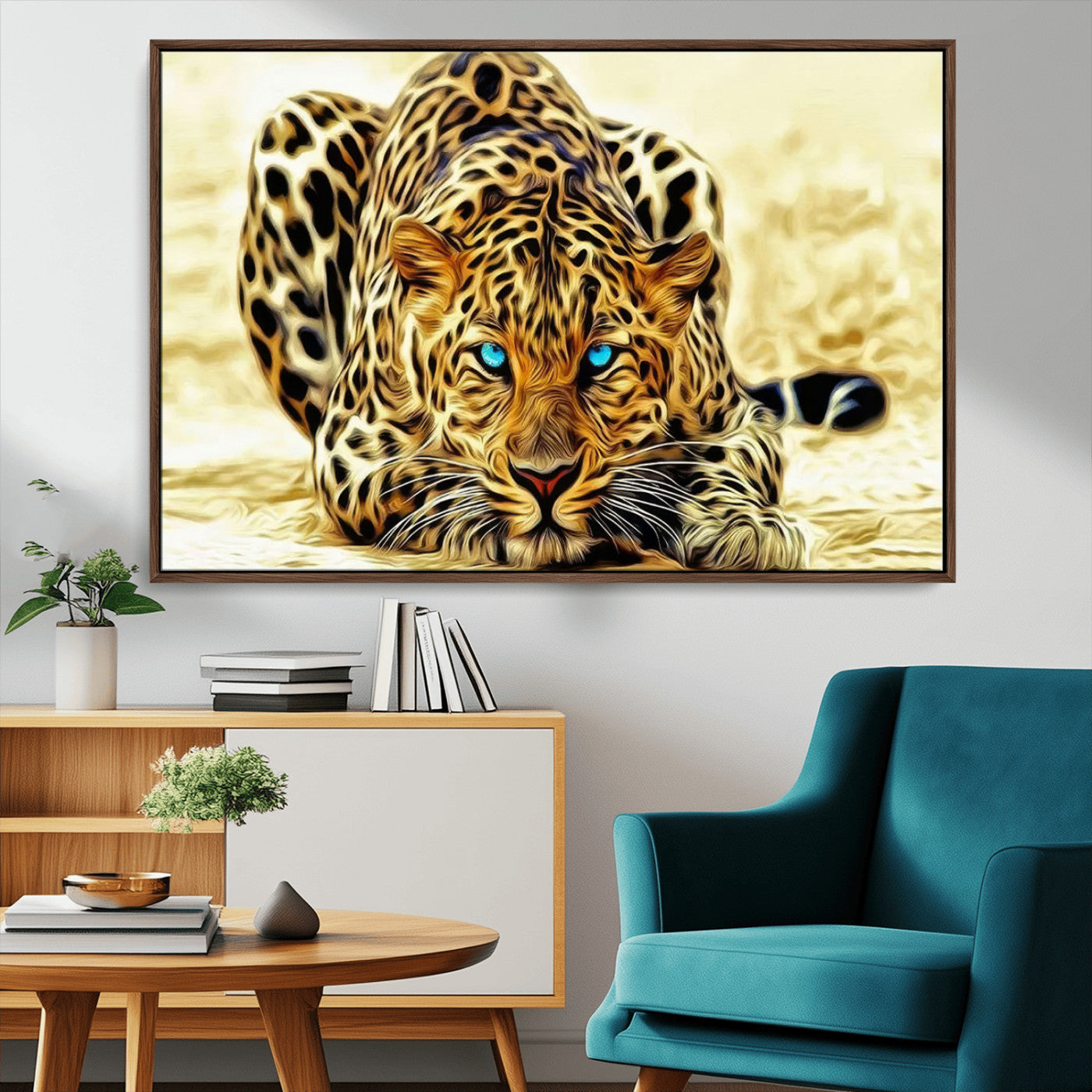 -Blue-Eyed Leopard Canvas Wall Art - Framed Animal Print Ready to Hang - Fierce and Bold Decor for
