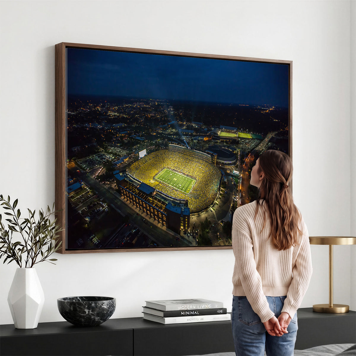 52519-MGV-CV-36X24 - Michigan Wolverines Football Team Print, Michigan Stadium Wall Art Canvas Print