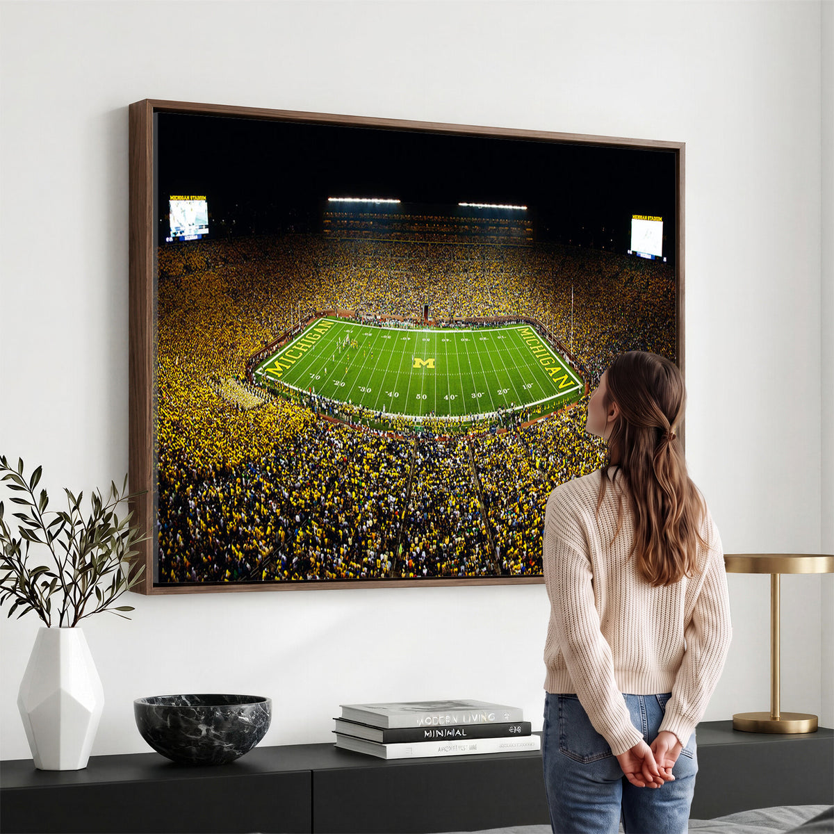 26166-MGV-CV-36X24 - Stadium in Michigan Wall Art Canvas Print, Framed American Football Stadium Art