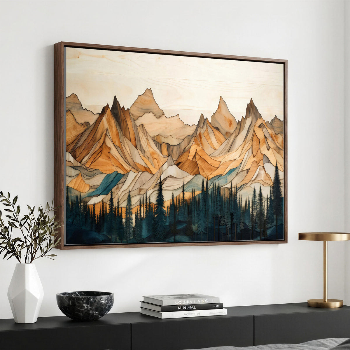 31576-MGV-CV-36X24 - Geometric Wood Mountain Landscape Wall Art Canvas Print, Rustic Forest Painting Print