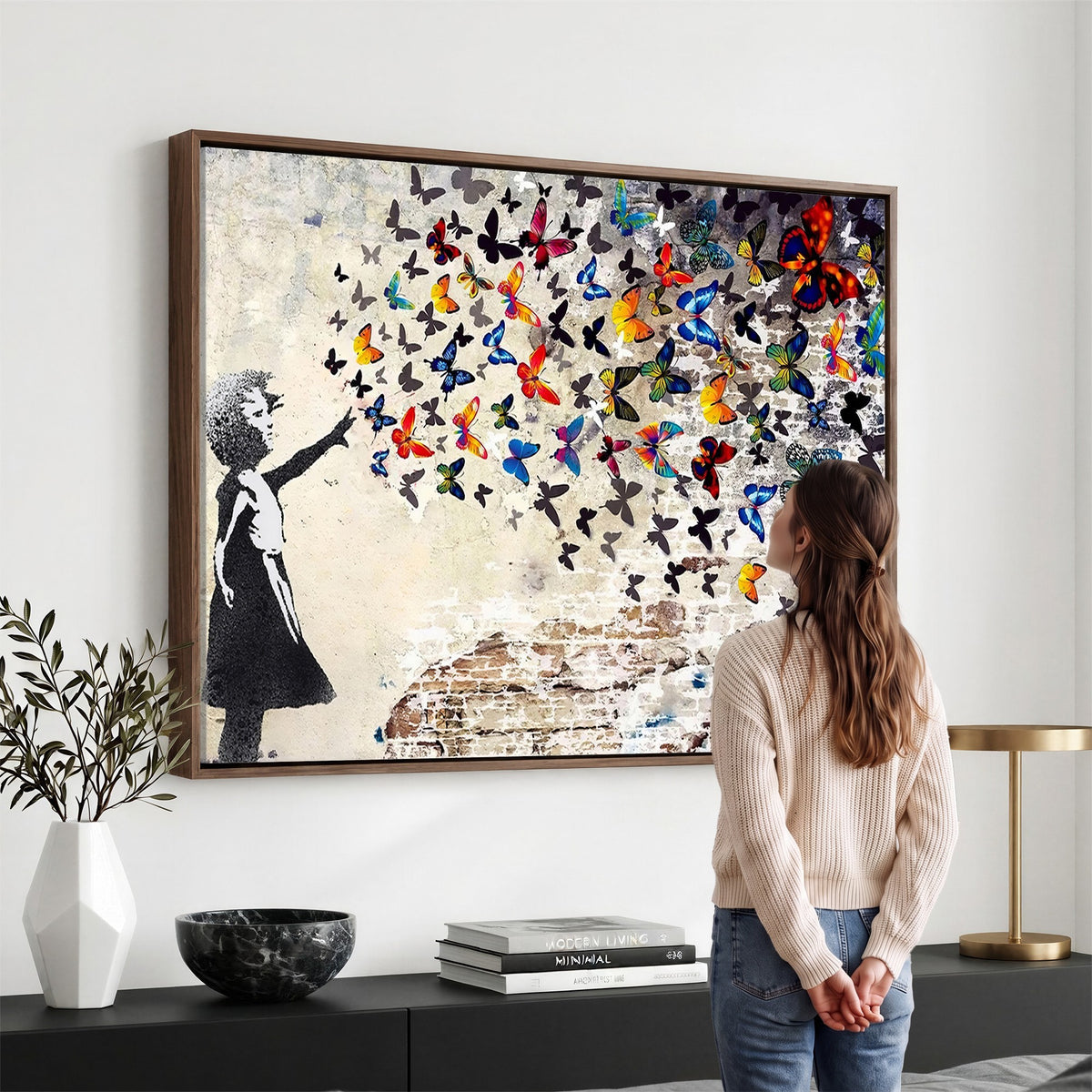 97895-MGV-CV-24X16 - Banksy Graffiti Wall Art Canvas Print, Girl Releasing Vibrant Butterflies