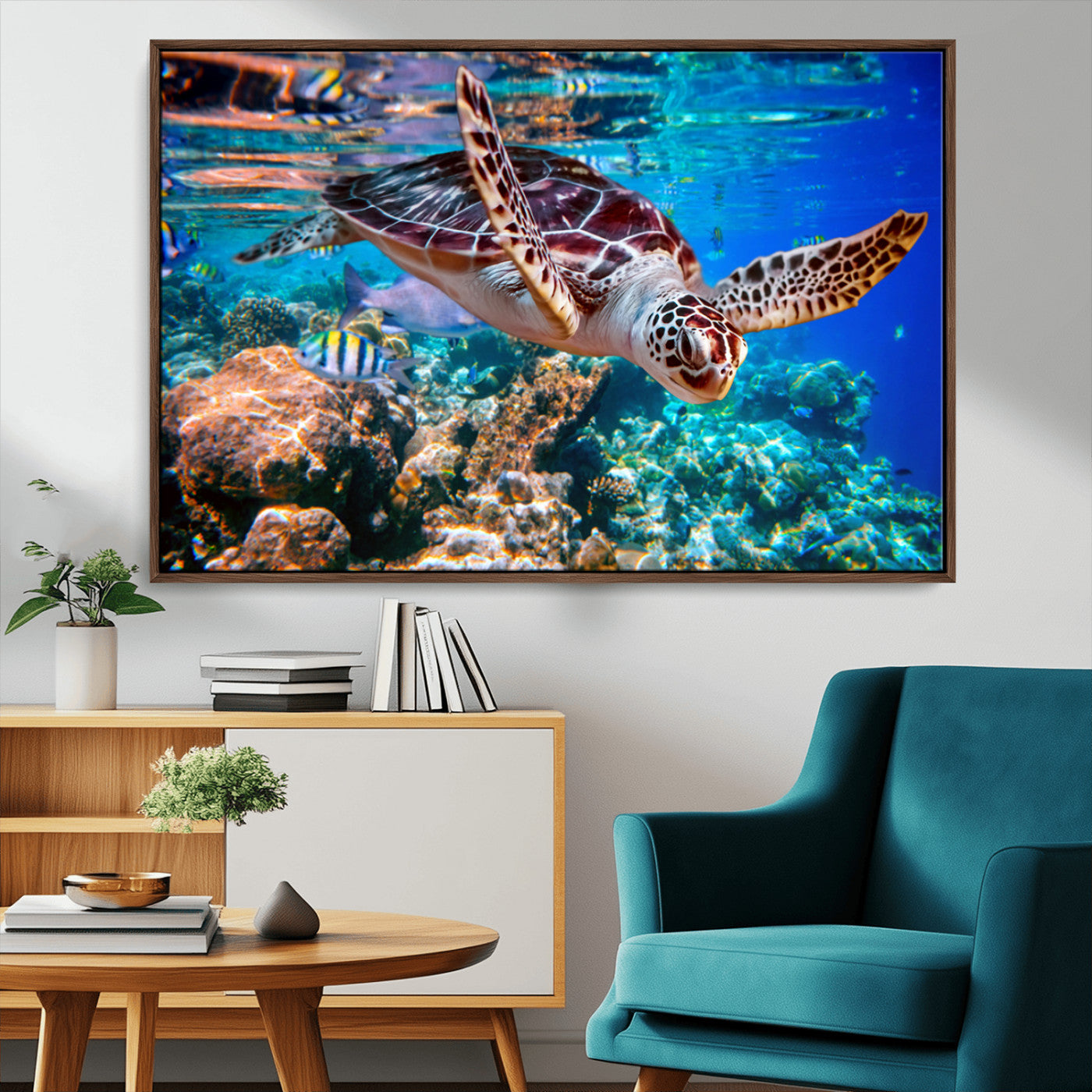 MGV-FC-36X24 - Underwater Coral Reef Sea Turtle Wall Art Canvas Print, Vibrant Marine Life | Colorful Ocean Scene