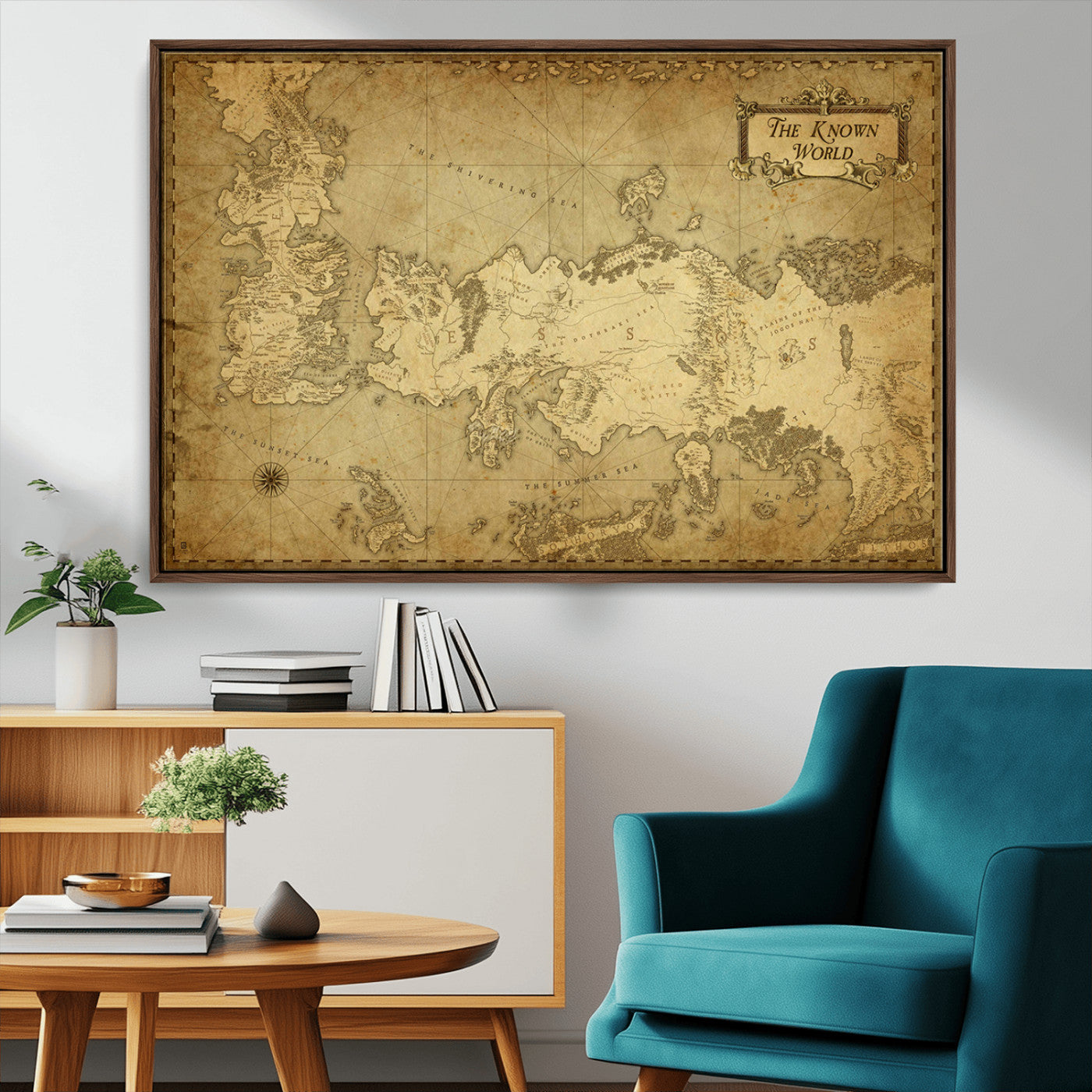 MGV-FC-36X24 - Vintage Game of Thrones Map Wall Art | Westeros and Essos Antique Style Print | The Known World in Triptych Canvas | Giclee Canvas for Fantasy Lovers
