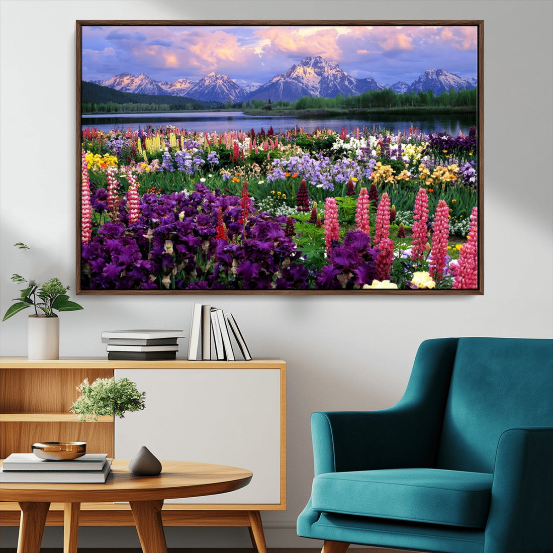 Wildflower Canvas Print, Blooming Floral Meadows with Majestic Mountain Backdrop