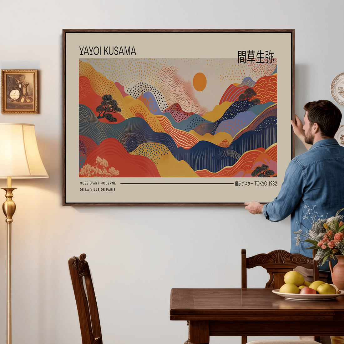 Yayoi Kusama Landscape Canvas Print, Vibrant Floral Mountain Art, Botanical Sunset Scenery