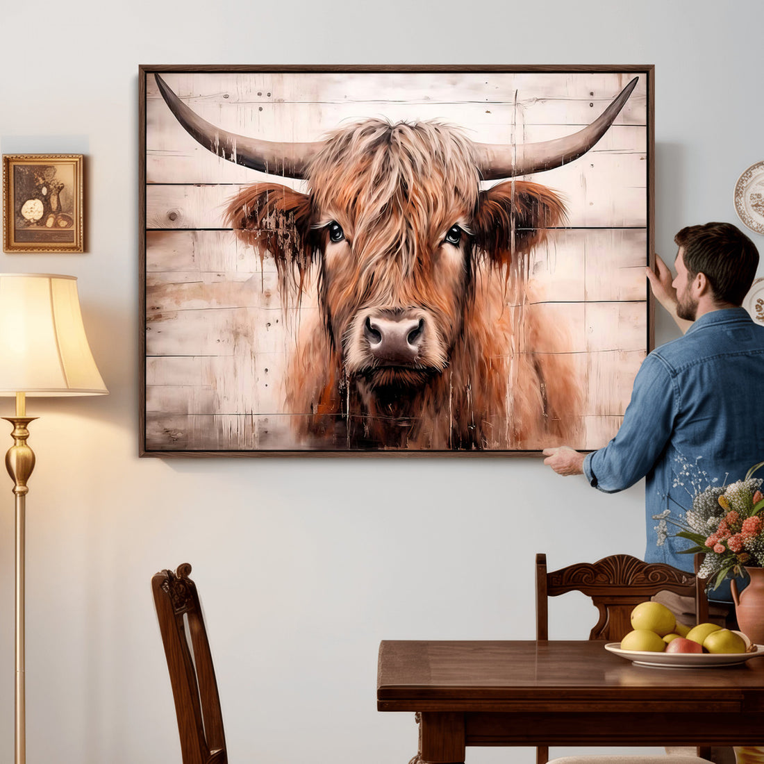 Vintage Scottish Highland Cow Cattle Art Print Farmhouse Wall Art Canvas Print