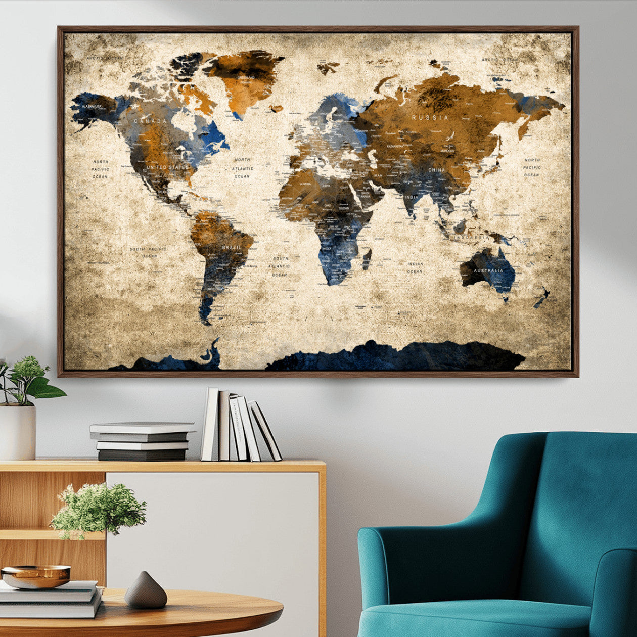 51140-MGV-CV-36X24-World Map Wall Art – Antique Style Blue and Brown Map Canvas Print, Classic Travel Wall Decor for Home Office or Study Room