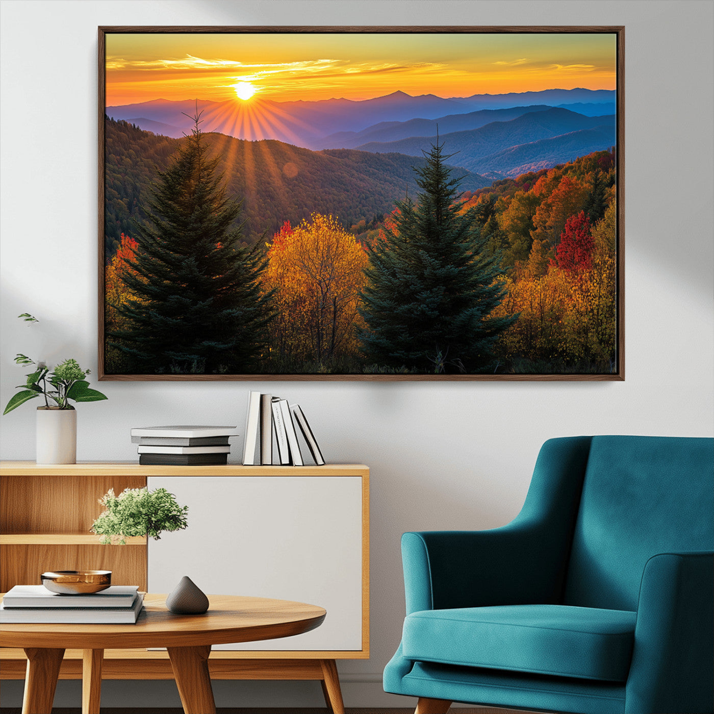 MGV-FC-36X24 - Golden Sunset Over Mountain Forest Canvas Wall Art Print - Warm Nature-Inspired Landscape for Living