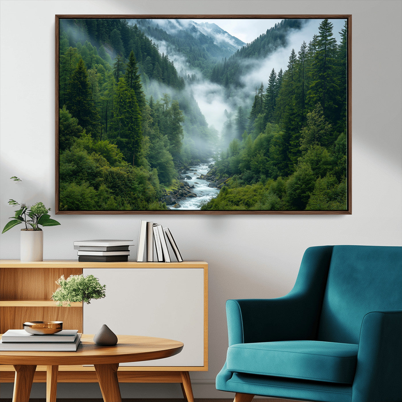 MGV-FC-36X24 - Mountain Forest River Canvas Wall Art Print - Serene Nature Landscape for Living Room, Office, or