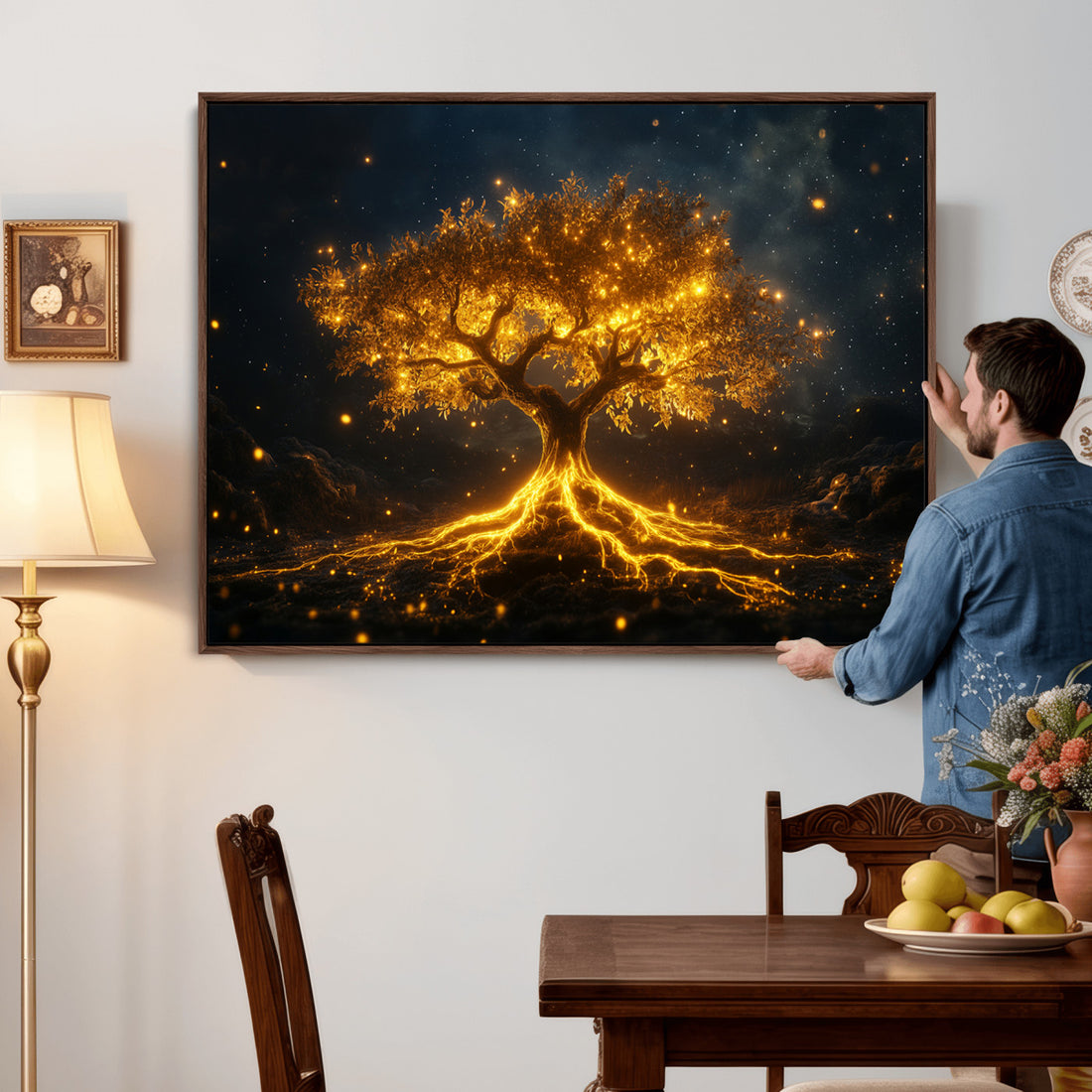 Golden Tree of Life Canvas Wall Art Print, Majestic Glowing Tree Design, Nature Inspired Wall Decor