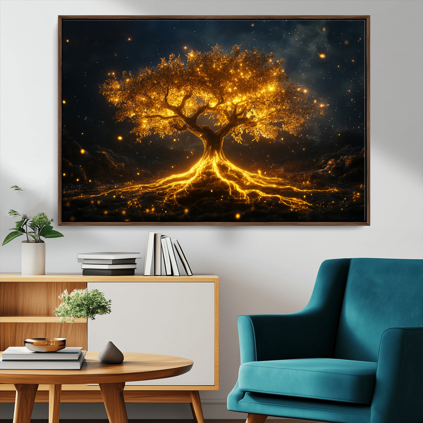 MGV-FC-36X24 - Golden Tree of Life Canvas Wall Art Print - Majestic Glowing Tree Design for Living Room, Office, or