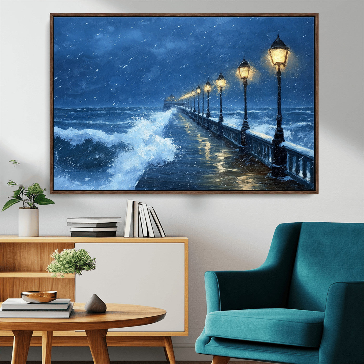 MGV-FC-36X24 - Stormy Ocean Pier Lights Canvas Wall Art Print - Large Moody Night Scene for Living Room, or Office,