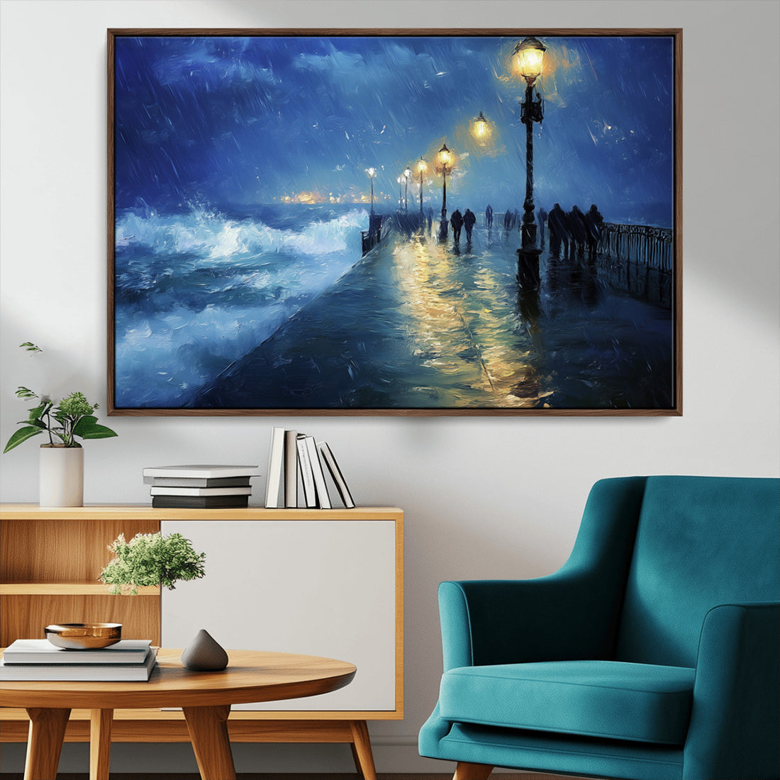 Storm Ocean Pier Canvas Wall Art Print, Large Moody Night Scene, Modern Seaside Wall Decor