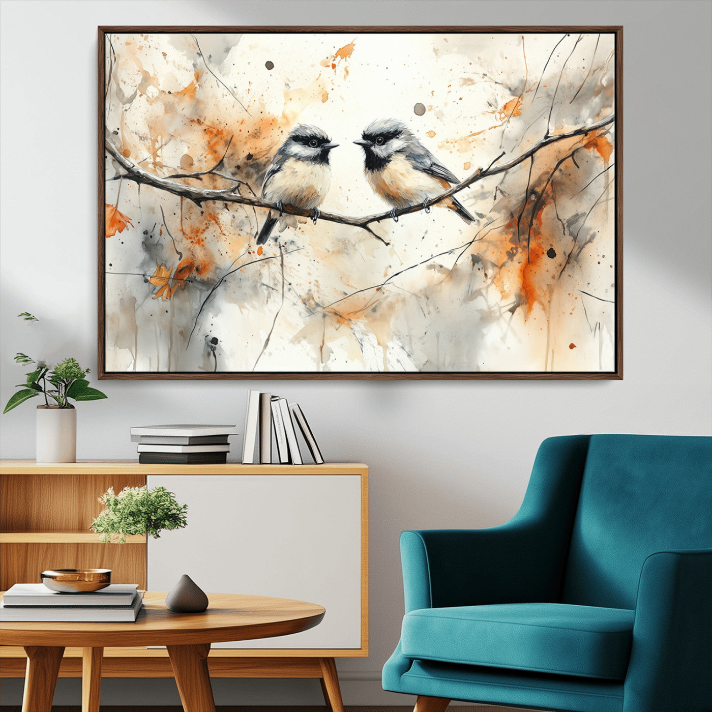 MGV-FC-36X24 - Abstract Watercolor Chickadee Bird Canvas Wall Art Print - Large Bird and Branch Wall Art, Modern